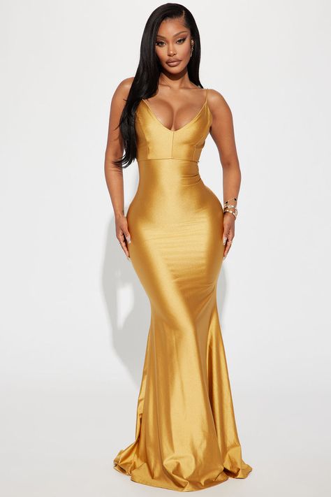 Walk Behind Me Maxi Dress - Gold | Fashion Nova, Dresses | Fashion Nova Burnt Orange Dresses Formal, Gold Maid Of Honor Dress Gowns, Mermaid Dress Photoshoot, Orange Dresses Black Women, Fashion Nova Birthday Dress, Gold Birthday Dress Black Women, Gold Birthday Dresses, Gold Dress Black Woman, Sweet 16 Dresses Gold