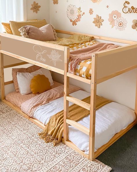 Boho Kura Bed, Ikea Kura Bed Hack Shared Rooms, Bunk Bed Girls Room, Kura Bed Decals, Shades Of Brown Color, Cama Ikea Kura, Kura Bed Hack, Boho Girls Room, Cama Ikea