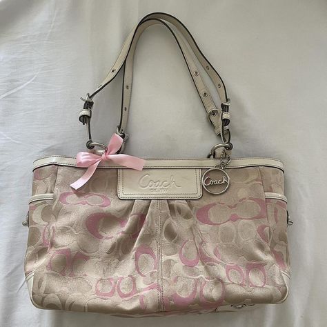 Coach Pink Monogram Shoulder Bag... - Depop Y2k Coach Bag, Coach Bag Vintage, Coach Bags Aesthetic, Coach Pink Bag, Coach Aesthetic, Coach Bag Outfit, Pink Coach Bag, Coach Monogram, Vintage Coach Bag