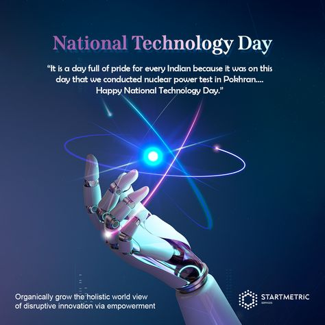 May 11th in India is observed as National Technology Day which is the anniversary of Shakti, the nuclear test in Pohkran conducted in the year 1998. #nationaltechnologyday #technology #india #technologyday #national #tech #nationaltechiesday #science #innovation #techiesday #technologynews #may #knowledge #indian #indiantechnology #pokhran #day #space Visit: www.startmetricservices.com National Technology Day, Technology Day, Instagram Projects, Technology Posters, Nuclear Test, Disruptive Innovation, Medical Posters, Creative Advertising Design, Nuclear Power