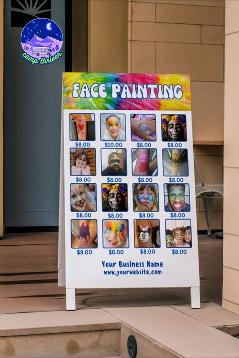 Face painting menu board for your face painting business. Use this editable template to create a price list for your customers to use during events. Upload and easily snap your own photos into the provided frames. Then, print from home or on your favorite printing website like Vistaprint, UPrinting, Office Depot, or Staples. Face Paint Price Board, Face Painting Price List, Face Painting Poster, Face Painting Business Names, Face Painting Signs Ideas, Face Painting Menu Board, Face Painting Prices, Face Paint Menu Board, Face Painting Business