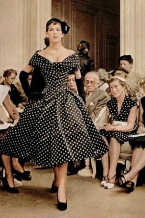 The polka dot dress below was Dior's best selling 'New Look' dress in 1954 60s Polka Dot Dress, 50s Polka Dot Dress Outfits, 1960s Polka Dot Dress, Retro Polka Dot Dress, 1950s Polka Dot Dress, 50s Polka Dot Dress, Retro Theme Dress, Polka Dot Dress Outfit, Dresses 60s