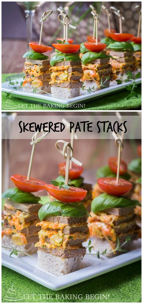 Skewered Pate Stacks - Great appetizer for any get together.  Delicious, quick and creative way to kick up your appetizer selection. By LetTheBakingBeginBlog.com Pate Starter Presentation, Decorative Appetizers, Skewered Chicken, Savory Holiday Recipes, Chicken Pate, Bbq Snacks, Russian Food, Chicken Liver, Appetizers Recipes