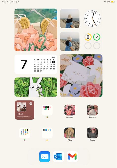 beige/nature/green/anime theme Ipad Homescreen Ideas Portrait, Ipad Homescreen Layout, Beige Nature, Ipad Layouts, App Organization, Wallpaper And Widgets, Ipad Homescreen, Ipad Layout, Ipad Ideas