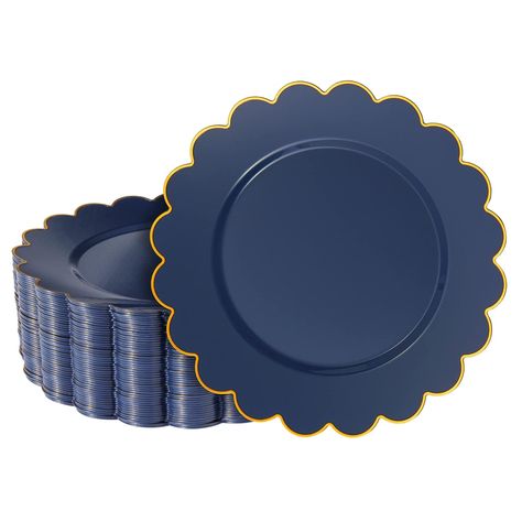 PRICES MAY VARY. Navy Blue Plastic Plates Set: Prepare for your next party or celebration with our set of navy blue plastic scalloped edge paper plates that feature elegant gold foil Navy Blue Plastic Plates for Parties: Use our disposable plastic dinner plates for a birthday party, wedding reception, graduation, baby shower, or classroom celebration to make cleanup quick and easy Versatile: These fancy plastic plates can hold a variety of desserts, foods, appetizers, cakes, candies, and cupcake Chinoiserie Party, Fancy Plastic Plates, Plastic Plates Wedding, 50th Birthday Centerpieces, Blue Graduation Party, Blue Table Settings, Party Wedding Reception, Navy Blue Party, Gold Plastic Plates