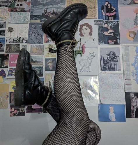 Fishnet Doc Martens Outfit, Fishnets And Doc Martens, Punk Tights, Pale Grunge, Doc Martens Outfit, 90s Fits, Taylor Swift Tour Outfits, Swift Tour, Tour Outfits