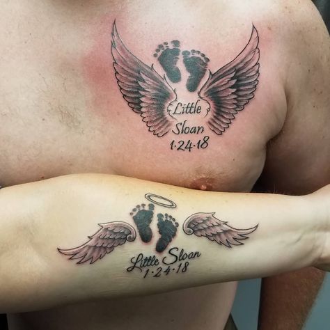 In Memory Of Nephew Tattoos, Lost Baby Tattoo, Baby Tattoo For Dads, Rip Tattoos For Dad, Tattoos For Baby Boy, Rip Tattoos, Baby Memorial Tattoos, Baby Angel Tattoo, Wing Tattoo Men