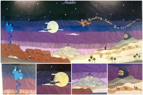 Aladdin Bulletin Board!  Reading takes you to a whole new world. Aladdin Door Decorations, Aladdin Bulletin Board, Bulletin Board Reading, Aladdin Stage Design, Flying Carpet Aladdin, Aladdin Theme, Aladdin Magic Carpet, Traditional Tales, Disney Classroom