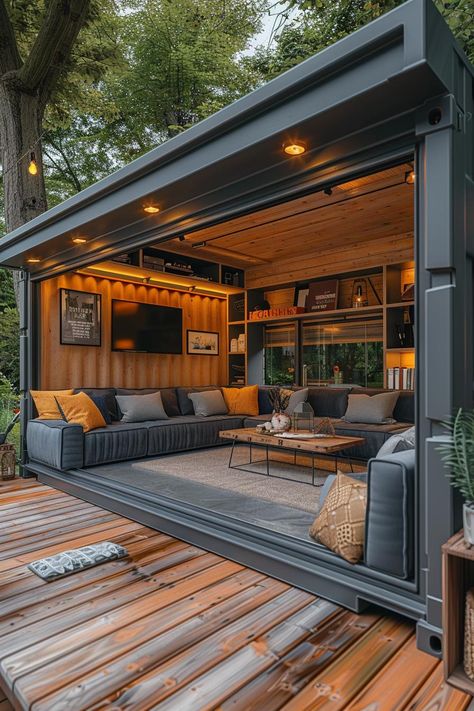 15 Stunning Shipping Container Sheds to Inspire Your Next Project 37 Container Patio Ideas, Home Storage Shed, Shipping Container Structures, Shipping Container Outdoor Space, Shipping Container Man Cave, Shipping Container Backyard Ideas, Shipping Container Garden Shed, Tiny Home Shipping Container, Shipping Container Pergola