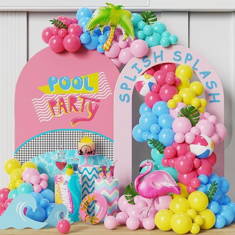 Pink Tropical Balloon Garland, Hawaiian Pool Party, Splish Splash Party, Birthday Beach Party, Beach Theme Birthday, Flamingo Balloons, Splash Party, Pool Beach Party, Beach Party Decorations