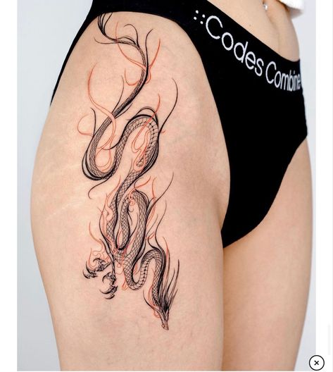 Dragon Tattoo Leg, Dragon Thigh Tattoo, Dragon Tattoo Drawing, Side Thigh Tattoos, Body Tattoo Design, Small Chest Tattoos, Small Finger Tattoos, Crown Tattoo Design, Dragon Tattoo For Women