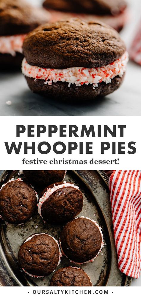 Peppermint Whoopie Pies, Soft Chocolate Cake, Edible Holiday Gifts, Red Velvet Whoopie Pies, Chocolate Whoopie Pies, Creamy Frosting, Fluffy Cake, Classic Cookies Recipes, Pie Cookies