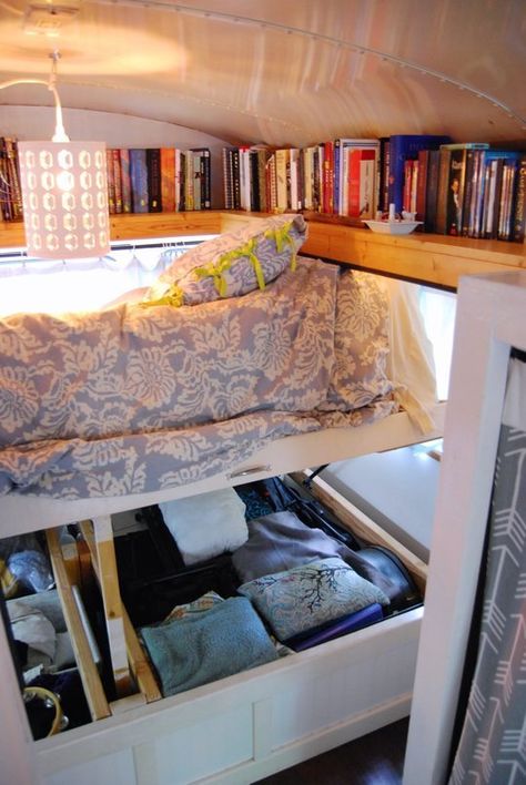 4 Genius Small Space Solutions to Steal from a Home in a School Bus | Apartment Therapy Kombi Trailer, Astuces Camping-car, School Bus House, Converted Bus, Bus Living, Kombi Home, Bus House, Camper Storage, Van Living