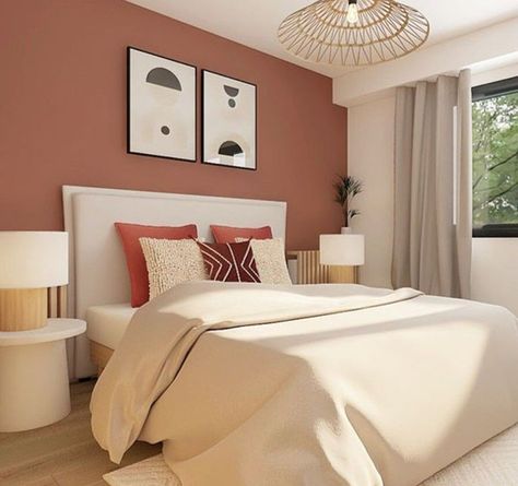 Light Peach Wall Color Master Bedrooms, Terracota Room Aesthetic, Salmon Walls Living Room, Brown Wall Bedroom Ideas Cozy, Salmon Bedroom Walls, Mustard Wall Bedroom, Terra Cotta Accent Wall Bedroom, Salmon Bedroom Ideas, Salmon Wall Color