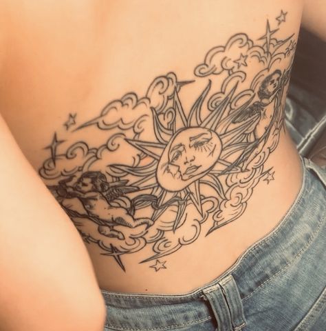 #sun #moon #tattoo #girly #magical #cute #big Sun Tattoo Big, Moon Back Tattoo, Sun Moon Tattoo, Moon Sun Tattoo, Big Moon, Sun Tattoo, Moon Tattoo, Big Tattoo, Back Tattoo