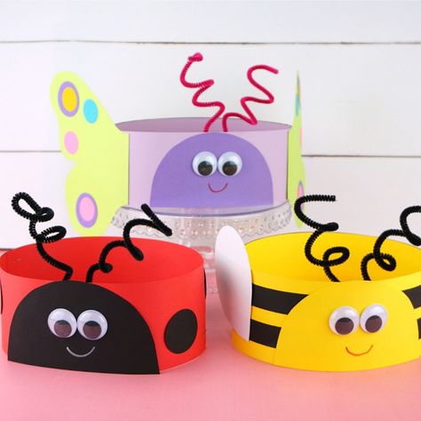 Preschoolers will love making and playing with these cute insect headbands. This bug craft for kids comes with a free printable template for kids to create a bee, butterfly or lady Bug Hats For Preschool, Bugs Craft For Preschool, Insects Dramatic Play Preschool, Insect Art And Craft For Preschool, Bugs Activities For Kids, Insects And Bugs Crafts, Bug Headband Craft, Bee Crafts For Kids Preschool, Bugs Crafts For Kids