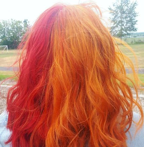 Split Dyed Hair Red And Orange, Half Orange Half Red Hair, Red And Orange Split Dye, Hair Graffiti, Pink Red Hair, Pink And Orange Hair, Stylish Hair Colors, Types Of Hair Color, Split Dye