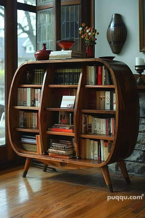 Modern Bookcase Design, Mid Century Modern Bookcase, Bookcase Design, Mcm Furniture, Modern Bookcase, Funky Furniture, Home Aesthetic, Home Library, Mid Century Furniture