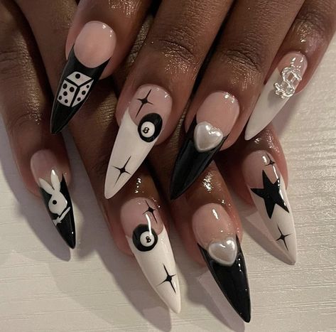 Cute Edgy Nail Ideas, Grunge Emo Nails, Black And Pink Aesthetic Nails, Edgy Acrylic Nail Designs, $ui̇ci̇deboy$ Nails, 666 Nails, Ui̇ci̇deboy Nails, Alice In Borderland Nails, Acrylic Nails Grunge