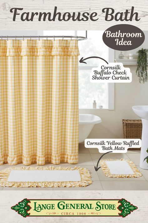 Add relaxed, cozy farmhouse charm to your washroom with our Cornsilk Yellow Buffalo Check Ruffled Shower Curtain. Classic buffalo check in consilk yellow & soft white grace this curtain and it has a delicate ruffle at the top and bottom for a touch of elegance. Get the matching ruffled bath mats and valance! #cottagestyle #farmhousedecor #farmhousestyle #coastalfarmhouse #countrybathroom #bathroomdecor #bathroomremodel #farmhousebathroom #coastalbathroom #yellowbathroom #yellowandwhite Cornsilk Yellow, Buffalo Check Shower Curtain, Ruffled Shower Curtain, Curtain Classic, Yellow Shower Curtains, Ruffle Shower Curtains, Farmhouse Shower Curtain, Farmhouse Shower, Vhc Brands