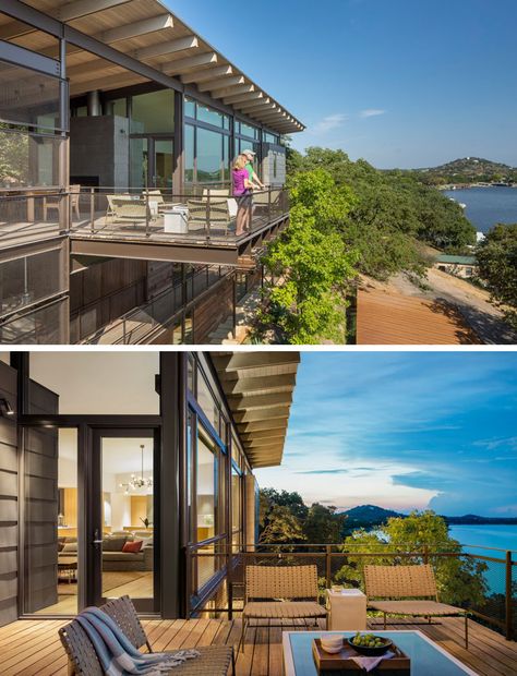 The home has no shortage of views of water views from its deck. // Blue Lake Retreat by Lake|Flato Architects Marble Falls Texas, Lake Flato, Lake Retreat, Marble Falls, Building Costs, Modern Mountain Home, House Portraits, Texas Homes, Modern Cabin