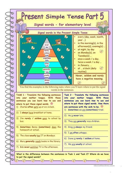 Signal words for elementary level * Present Simple Tense * Part 5 * 3 pages * 8 tasks * grammar explanation * key is included Grammar Tenses Chart, English Grammar Tenses Chart, Tense Chart, Learn English Kid, Tense Worksheet, Present Simple Tense, Tenses Chart, Grammar Help, Verb Examples