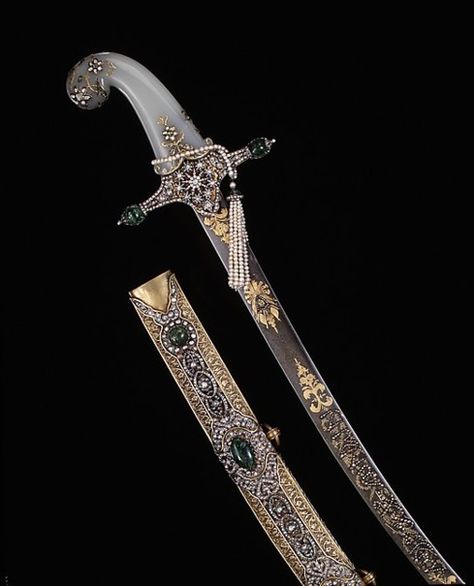 Sabre & Sheath. 19th Century, Turkey, Ottoman Empire. Iranian blade and steel, gold, diamonds, emeralds and pearls. The entire handle was skilfully crafted from a piece of solid jade. This is a ceremonial sword, used for an investiture ceremony. This sword is a perfect symbol of the luxury, extravagance and workmanship in the Ottoman Empire Pirate Saber, Islamic Empire, Davos Seaworth, Ottoman Sultan, Sultan Murad, 30 August, Arm Armor, August 31, Ottoman Empire