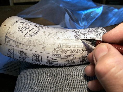 How to engrave a powder horn. Etching Metal, Scrimshaw Art, Antler Crafts, Powder Horn, Antler Art, Bone Crafts, Drinking Horns, Steps To Success, Bone Art