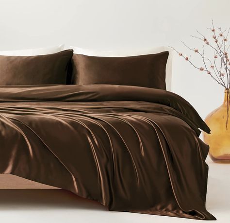 Candoury Satin Sheets Bed Set 4 Pcs, King Size Silky Bedding Set, Soft and Durable Pillowcase, Flat Sheet and Fitted Sheet, Hotel Luxury Bed Sheets Set(King, Brown) Brown Lingerie, Queen Bed Set, Bed Sheets Set, Queen Bed Sheets, Luxury Bed Sheets, Satin Bedding, Satin Sheets, Perfect Bedding, Girl Lifestyle