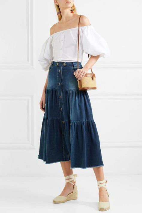 Tiered Denim Skirt, Castaner Espadrilles, Pierpaolo Piccioli, Denim Skirt Outfits, Caroline Constas, Hunting Season, Denim Midi Skirt, Kenneth Jay Lane, Spring Summer Outfits