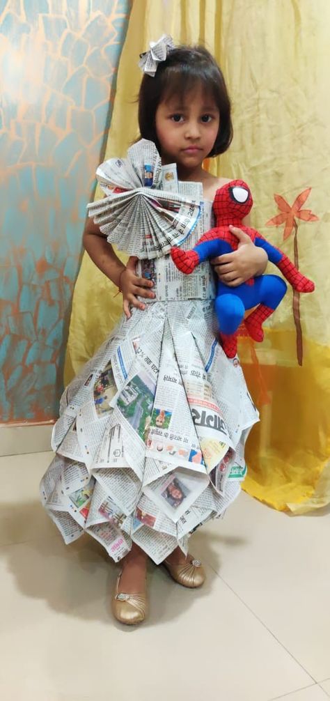 Diy newspaper dress Kids Fashion Ramp walk Best out of waste Best Out Of Waste Dresses Ideas, Recycled Outfit Ideas For School, Newspaper Dress For Kids, Newspaper Costume, Best Out Of Waste Ideas For Competition, Recycled Dress For Kids, Newspaper Dress Diy, Recycled Fashion For Kids, Newspaper Dresses