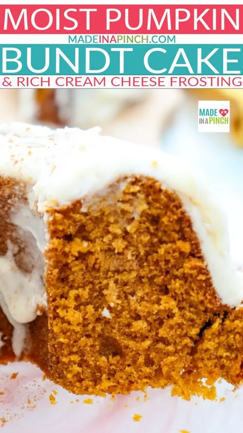 A close-up view of a slice of moist Pumpkin Bundt Cake with creamy white cream cheese frosting. The cake has a rich, dense texture and is slightly crumbly. In the background, there are blurred hints of another slice and a yellow napkin, capturing the essence of this delightful fall dessert. Baked Corn Recipes, Pumpkin Bundt Cake Recipes, Cream Cheese Bundt Cake, Pumpkin Spice Cream, Pumpkin Bundt, Cheese Frosting Recipe, Pumpkin Bundt Cake, Pumpkin Spice Cake, Cake With Cream Cheese Frosting