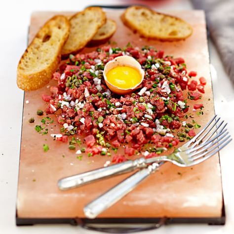 Beef Tartare | Williams Sonoma Salt Block Recipes, Wine Paring, Salt Block Cooking, Tartare Recipe, Himalayan Salt Block, Modern Recipes, Beef Tartare, Low Calorie Smoothies, Salt Block