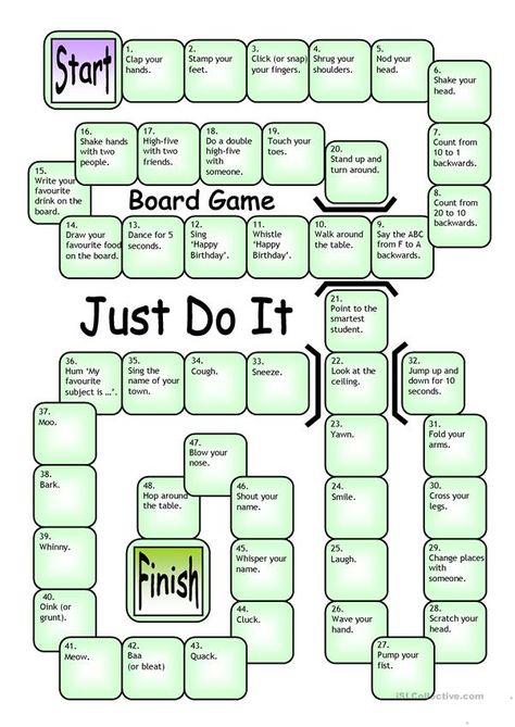 Board Game - Just Do It - English ESL Worksheets for distance learning and physical classrooms Esl Board Games, Board Game Template, Esl Games, Printable Board Games, Idiomatic Expressions, English Games, Board Games For Kids, English Classroom, Classroom Games