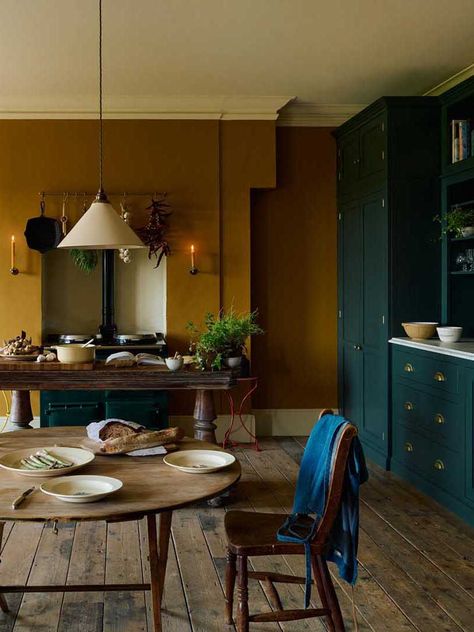 Classic English Kitchen, Devol Kitchens, English Kitchens, Teal Walls, Colored Ceiling, Yellow Kitchen, Bespoke Kitchens, Wooden Dining Tables, New Classic