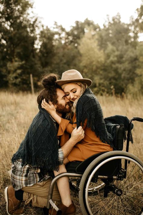 A man kneeing next to his wife who is sitting in a wheelchair embracing him Wheelchair Wedding, Wheelchair Photography, Dirty Boots, Wheelchair Fashion, Disabled Women, Wheelchair Women, Couples Engagement Photos, The Way He Looks, Messy Hair