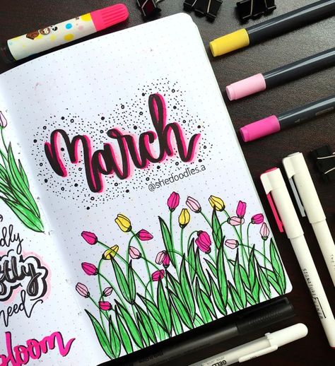 Tulip Theme, Bullet Journal Titles, March Bullet Journal, Bullet Journal Month, Bullet Journel, Bullet Journal Cover Page, Bullet Journal Cover Ideas, Bullet Journal Mood, Bullet Journal Aesthetic