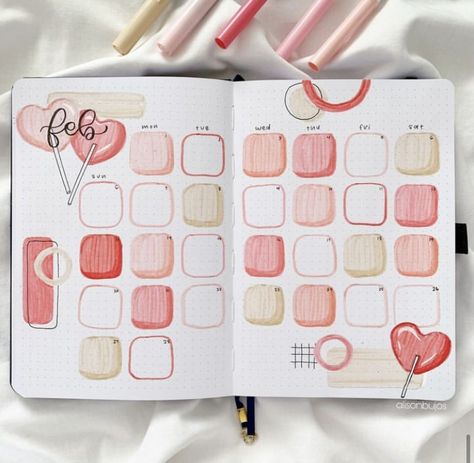 Diary Theme Ideas, Journal Ideas Aesthetic February, February Book Journal Spread, Feb Journal Ideas, Bulett Journal Page Ideas February, February Bujo Ideas, Valentines Journal Ideas, February Bulletin Journal Ideas, Bulett Journal Ideas February