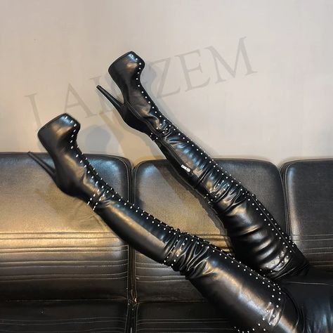 Women Thigh High Boots, High Boots Heels, Punk Boots, High Heel Stiefel, Thigh High Boots Heels, Thigh Boots, Faux Leather Boots, Womens Stilettos, Studded Heels