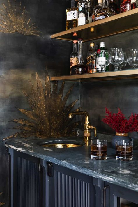 Built In Small Bar, Moody Wet Bar, Cane Cabinets, Moody Bar, Wet Bar Cabinets, Marie Flanigan Interiors, Bourbon Room, Marie Flanigan, Bar Shelves