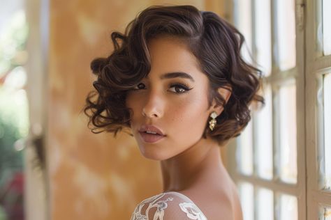 48+ Chic Wedding Hairstyles for Short Hair That Wow – CL Weddings Short Bob Wedding Hairstyles With Veil, Hairstyles For Events Classy Short Hair, Short Curly Hair For Wedding Guest, Bob Hairstyles For Formal Event, Short Hair Bridal Updo, Hollywood Short Hair, Short Hairstyle For Wedding Event, Glam Waves Short Hair, Hollywood Curls Short Hair