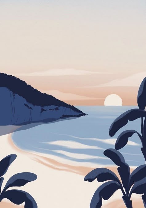 Beach Landscape Illustration, Flat Illustration Landscape, Landscape Illustration Minimalist, Sunset Painting Ideas, Beachy Wallpaper, Boho Painting, Beach Illustration, Japon Illustration, Small Canvas Art