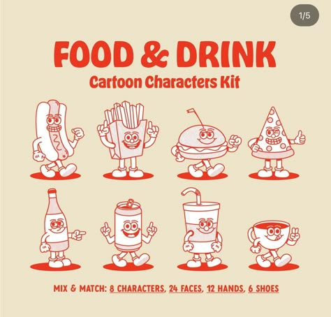 Drink Cartoon, Food Mascot, Fries Burger, Drink Vector, Burger Pizza, Pizza Branding, Retro Logo Design, Retro Food, Cartoon Mascot