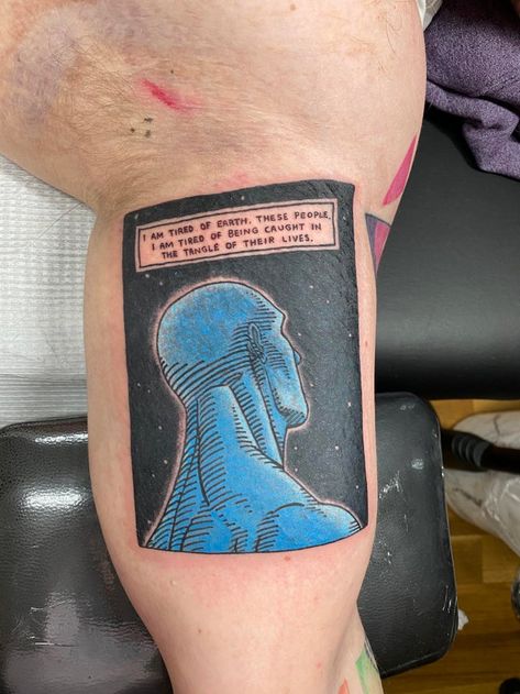 Comic Strip Tattoo Ideas, Dr Manhattan Tattoo, Dc Comics Tattoos Ideas, Comic Strip Tattoo, Dc Comics Tattoos, Manhattan Tattoo, Sailboat Tattoo, Comics Strips, Dr Manhattan