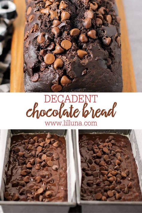 Decadent Chocolate Bread is studded with chocolate chips, and preps in 10 minutes! It's moist and delicious. #chocolatebread #chocolate #bread #quickbread Chocolate Brioche Bread Recipe, Double Chocolate Bread, Chocolate Coffee Bread, Double Chocolate Chip Bread, Chocolate Chip Dutch Oven Bread, Chocolate Chocolate Chip Bread Loaf, Chocolate Chocolate Chip Bread, Chocolate Sweet Bread Recipes, Chocolate Sweet Bread