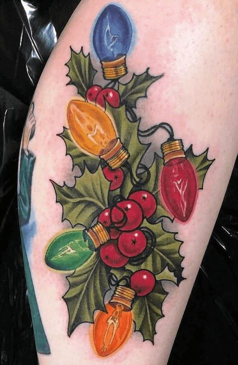 Christmas Tattoo Sleeve For Women, Christmas Themed Tattoos, Vintage Christmas Tattoo, Christmas Light Tattoo, New Years Tattoo, Christmas Tattoo Holiday, Traditional Christmas Tattoo, Christmas Sleeve Tattoo, Christmas Tattoos For Women