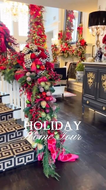 Grace Harris Collection on Instagram: "Come on in! By request I’ve put together a little tour with all of the spaces we decorated for the holidays in the Partain home. From the entry to the master… enjoy!❤️ #maximalistinteriors #maximalism #moreismoredecor #myhousebeautiful #traditionalhome #traditionalhomemagazine #hgtvmagazine #interiordesign #ralphlaurenhome #ralphlaurenstyle #colormadetheroom #colorfullycollected #adwellingtoremember #chinoiseriechic #chinoiseriechicstyle #graciouslivingsty Garland For Stairs, Ralph Lauren Holiday, Christmas Stairs Decorations, Holiday Lifestyle, Christmas Staircase Decor, Christmas Stairs, Christmas Entry, Christmas Staircase, Christmas Luxury