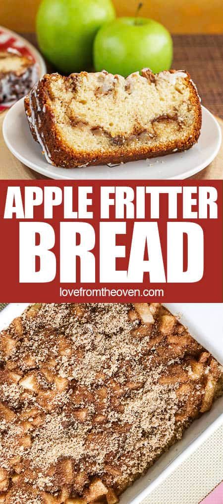 Apple Fritter Bread • Love From The Oven Betty Crocker Banana Bread, Amish Apple Fritter, Apple Fritter Bread Recipe, Fritter Bread Recipe, Apple Fritters Bread Recipe, Apple Pie Cheesecake Bars, Starbucks Pumpkin Bread, Apple Fritter Bread, Apple Fritter