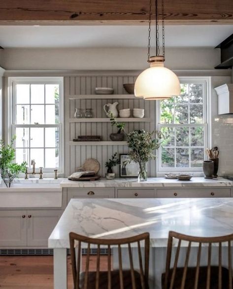 Beadboard Backsplash Open Shelving, Bead Board Wall With Shelf, Bead Board Walls Kitchen, Bead Board Backsplash Kitchen Ideas, Beadboard Walls Kitchen, Stained Beadboard, Winter Mcdermott, Kitchen With Open Shelving, Beadboard Wall