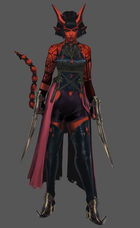 Red Tiefling Female Rogue, Tiefling With Tattoos, Tiefling Tattoo, Red Tiefling Woman, Female Tiefling Rogue, Tiefling Gunslinger, Red Tiefling Female, Dnd Female Tiefling, Dnd Tiefling Female